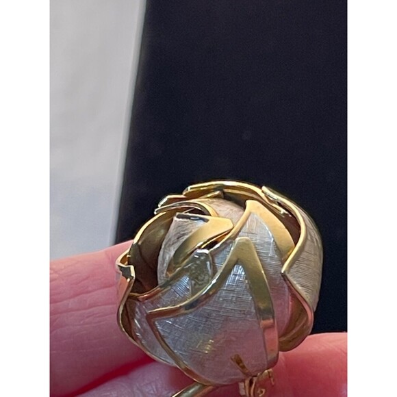 Vintage 3D Rose Bud Brooch, 3" Long, Gold Plated Textured Accents - Picture 7 of 9